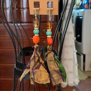 4.5” long homemade earrings with Swari silk